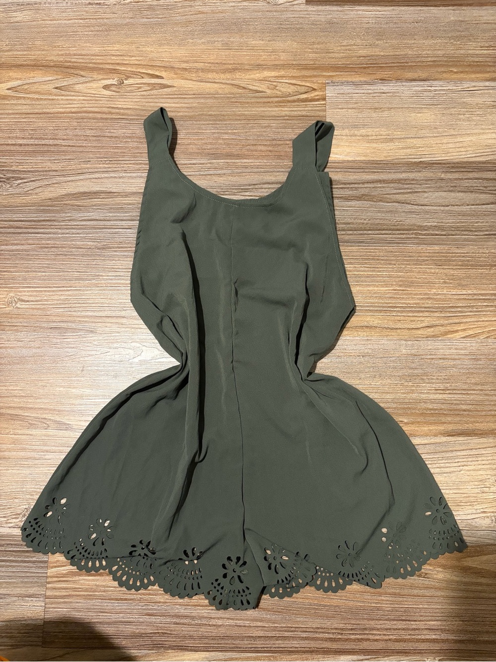 Amazon Olive Green Sleeveless Laser-Cut Hem Romper